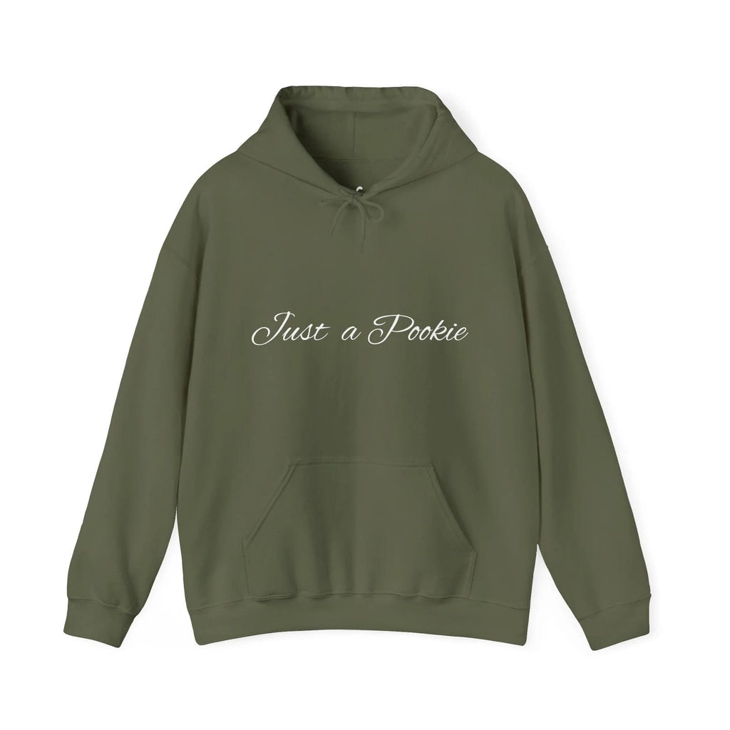 Military Green hoodie with 'Just a Pookie' text on a white background
