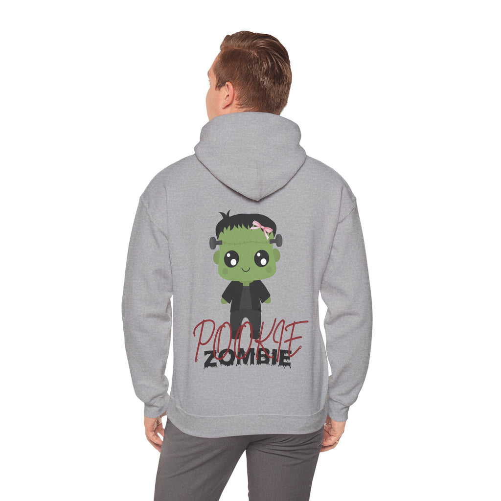 Person wearing a Sport grey hoodie with a cartoon zombie design on the back