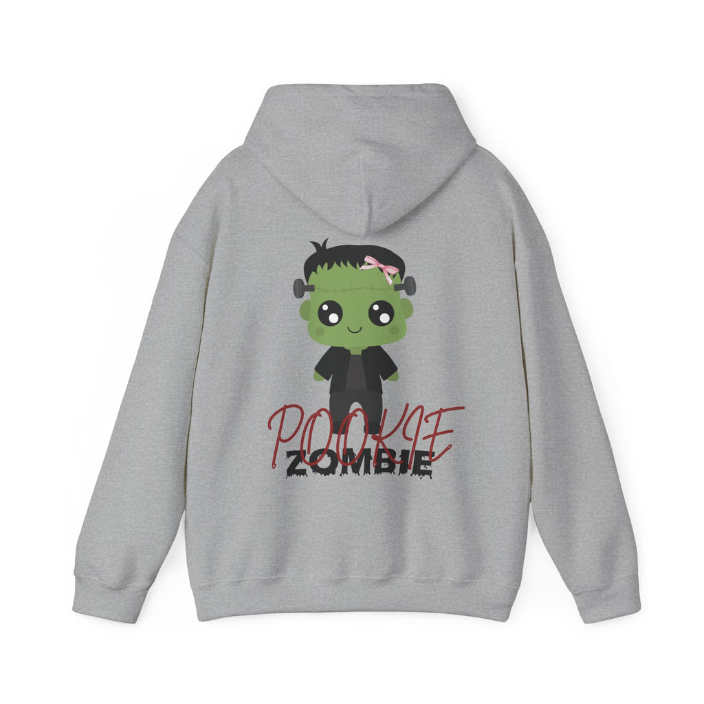 Sport Grey hoodie with a cartoon zombie design on the back against a white background