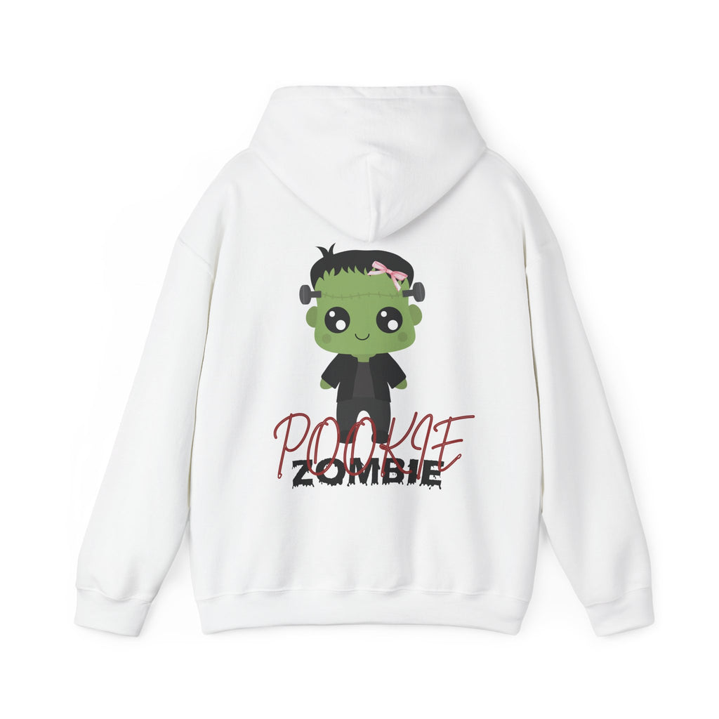 White hoodie with a cartoon zombie design on the back