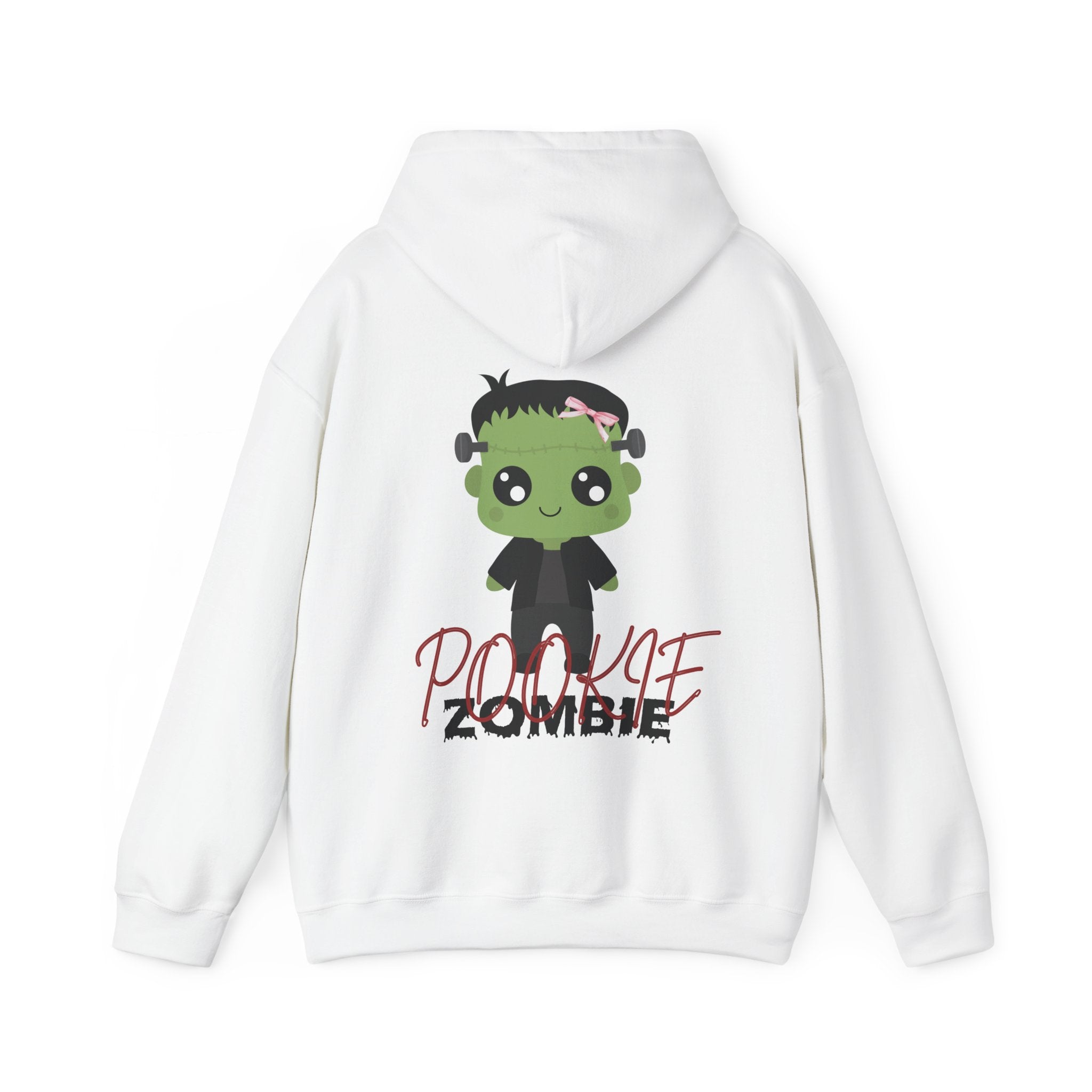 White hoodie with a cartoon zombie design on the back