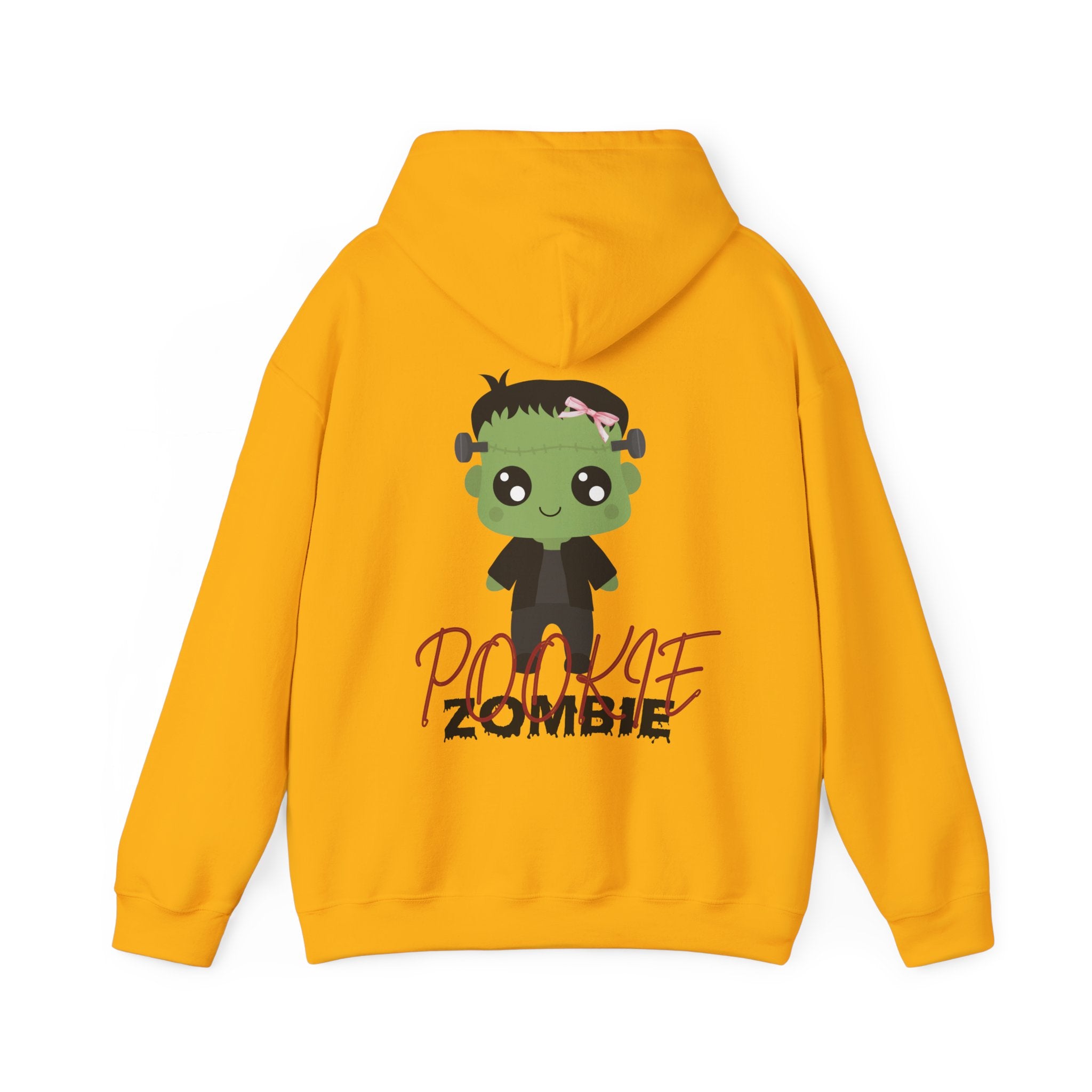 Gold hoodie with a cartoon zombie design on the back against a white background