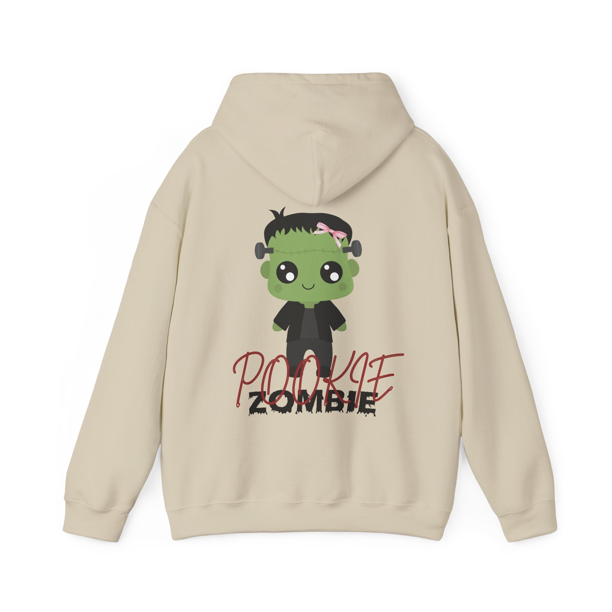 Sand hoodie with a cartoon zombie design on the back against a white background