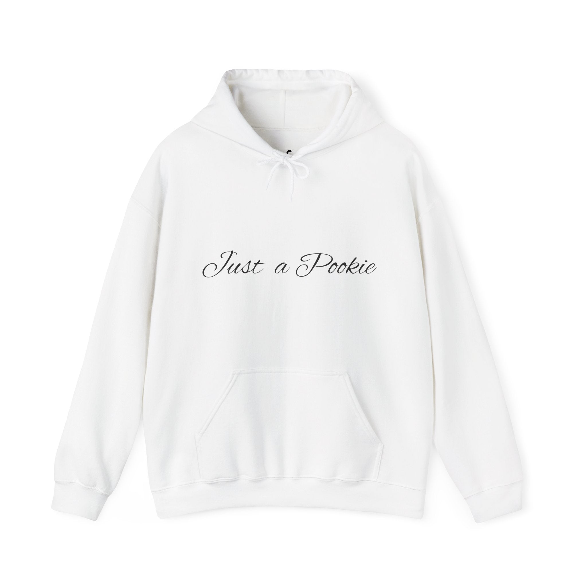 White hoodie with 'Just a Pockie' text on a white background