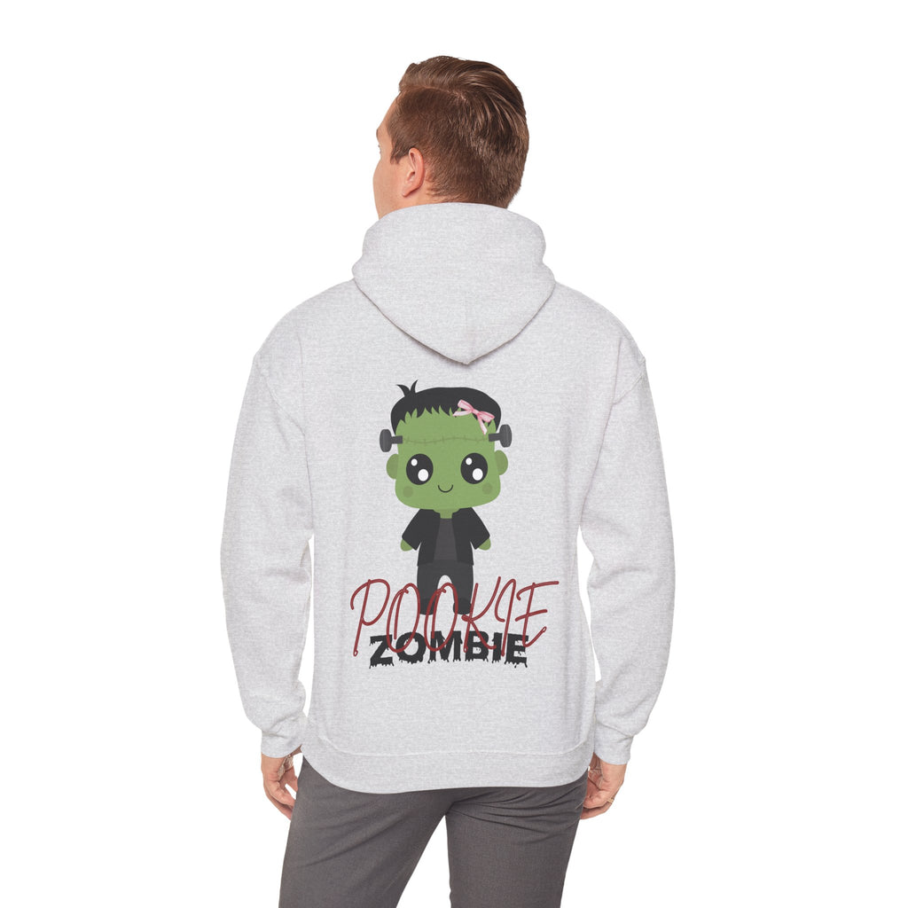 Person wearing Ash hoodie with a cartoon zombie design on the back