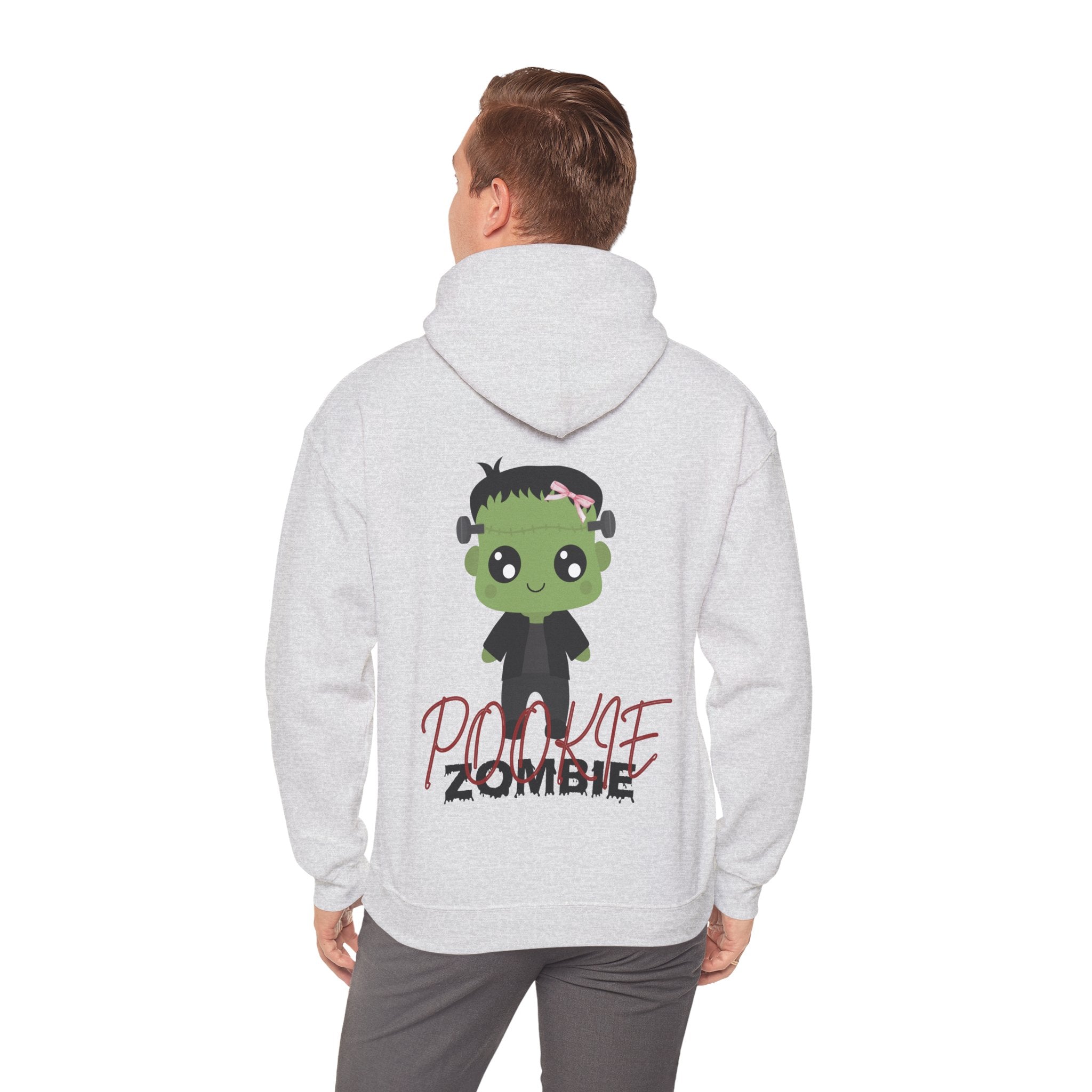 Person wearing Ash hoodie with a cartoon zombie design on the back