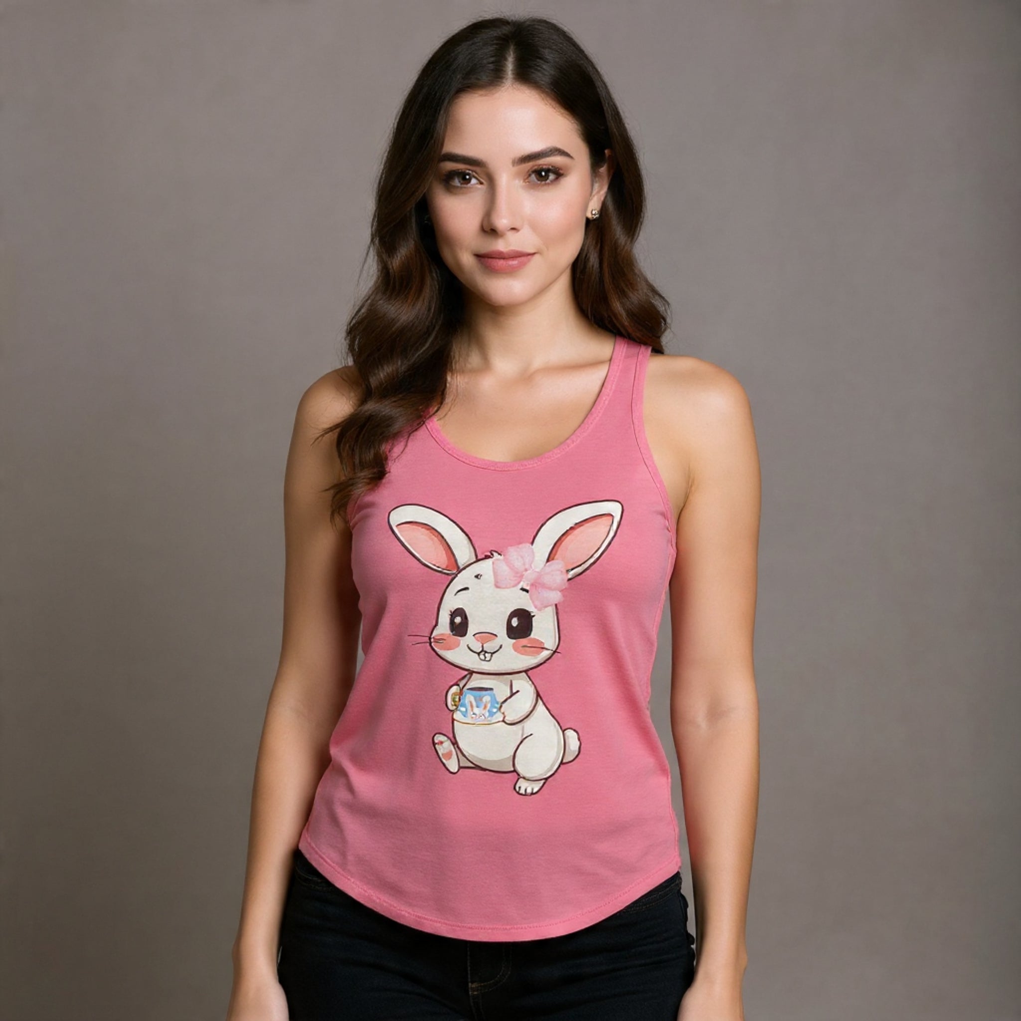 Woman wearing a Hot pink tank top with a cartoon bunny design on a gray background