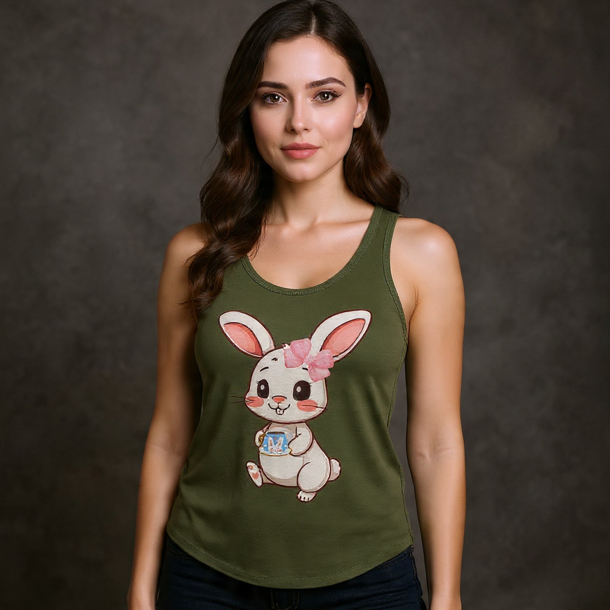 Woman wearing a Solid Military Green tank top with a cartoon bunny design on a dark background