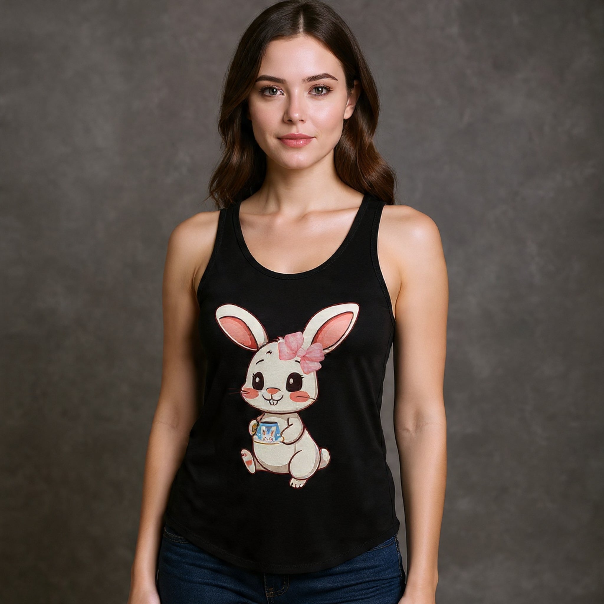Woman wearing a Solid black tank top with a cartoon bunny design on a gray background