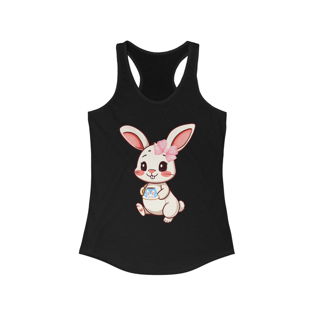 Solid Black tank top with a cartoon bunny design on a white background