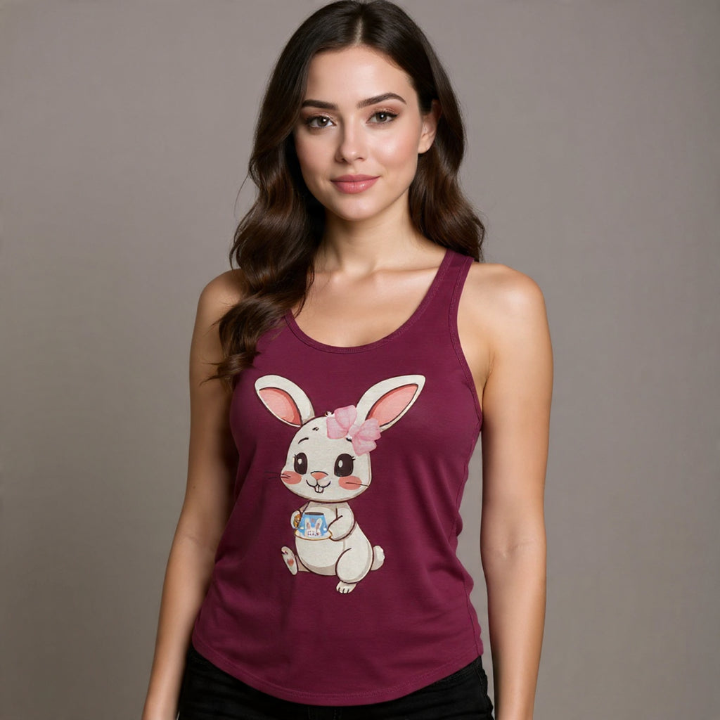 Woman wearing a Solid Cardinal Red tank top with a cartoon bunny design on a plain background