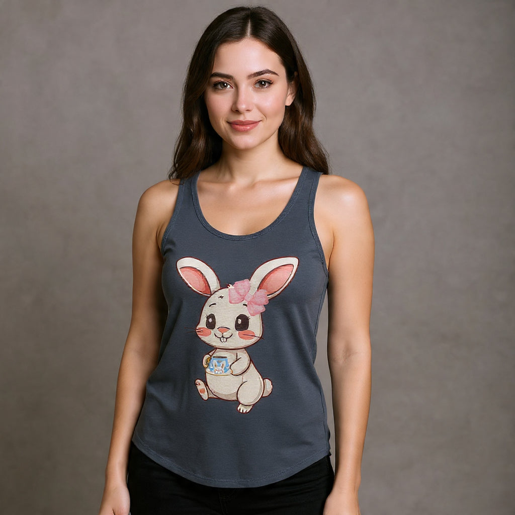 Woman wearing a Solid indigo tank top with a cartoon bunny design on a gray background