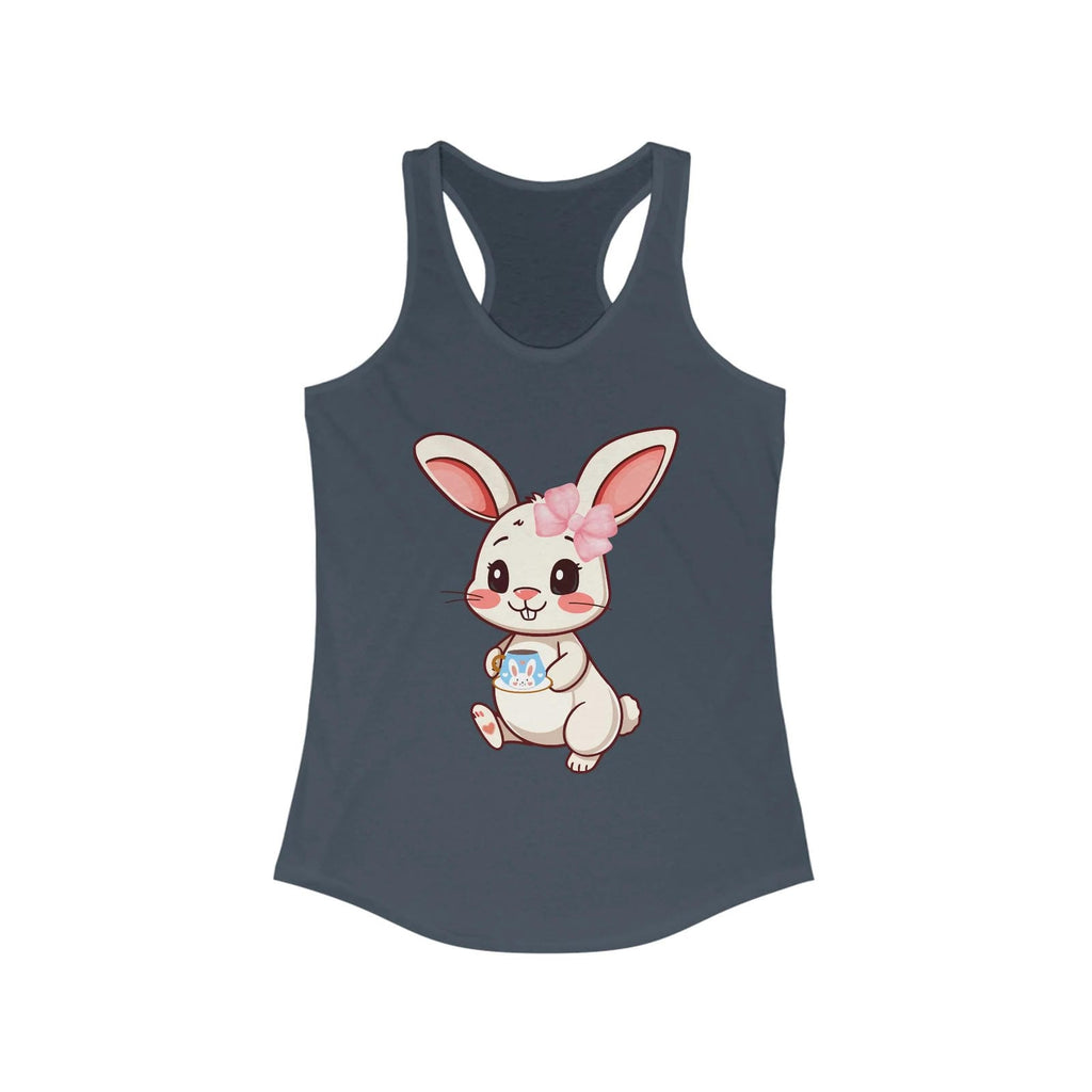 Solid Indigo tank top with a cartoon bunny holding a mug on a white background