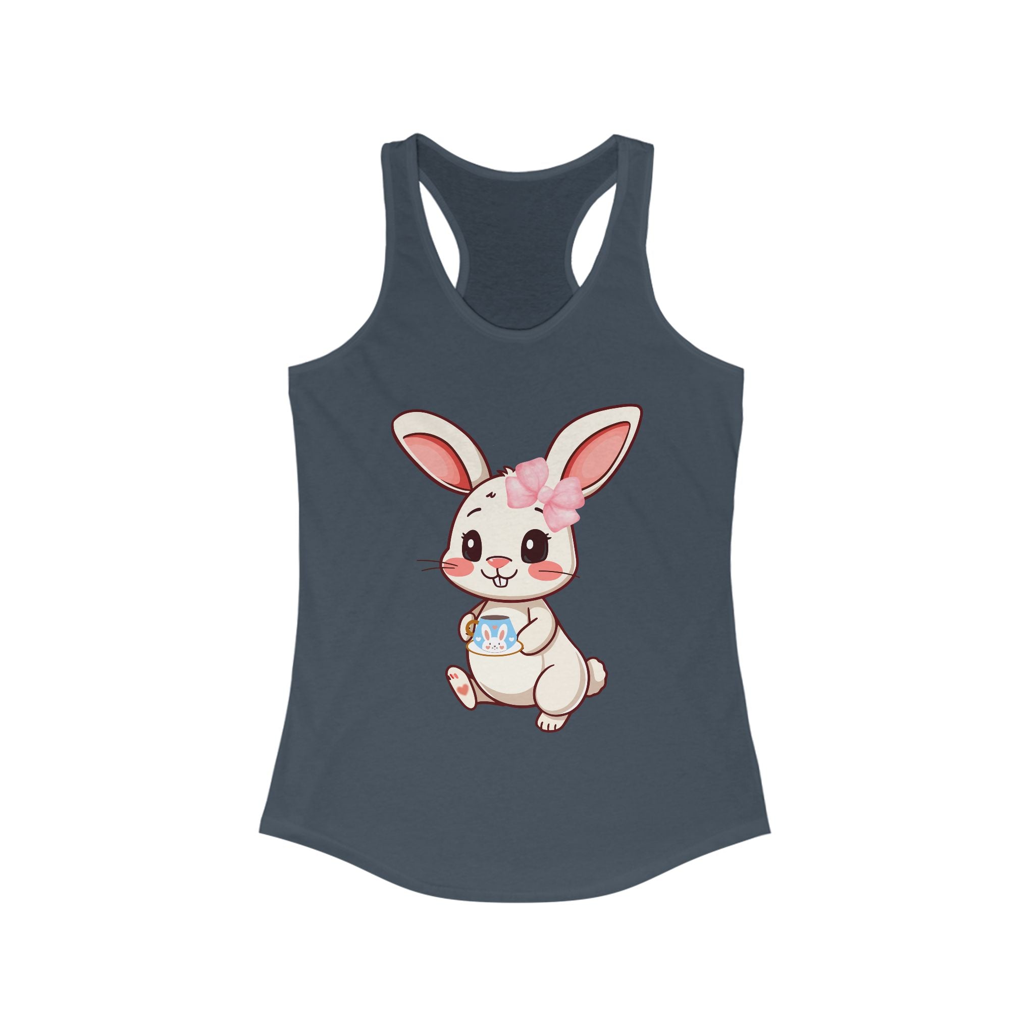 Solid Indigo tank top with a cartoon bunny holding a mug on a white background