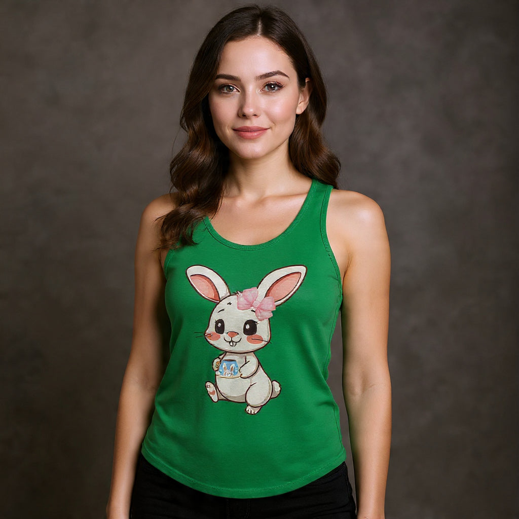 Woman wearing a Solid Kelly green tank top with a cartoon bunny design against a dark background