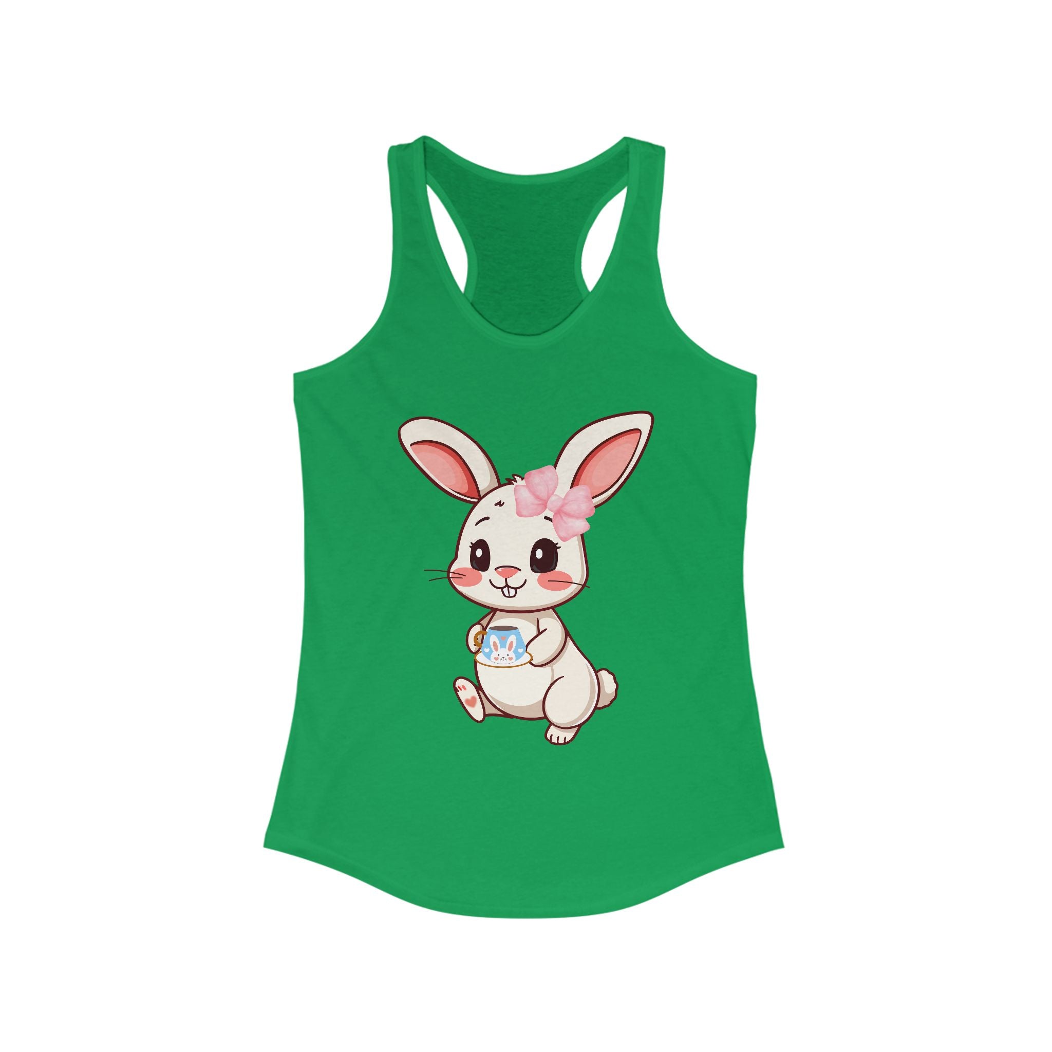 Solid Kelly Green tank top with a cartoon bunny design on a white background