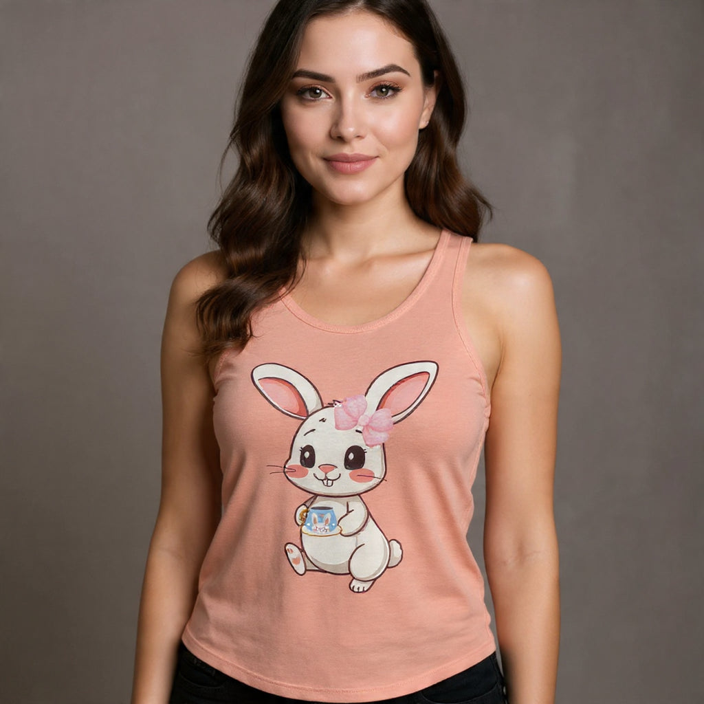 Woman wearing a Solid Light Orange tank top with a cartoon bunny design on a gray background