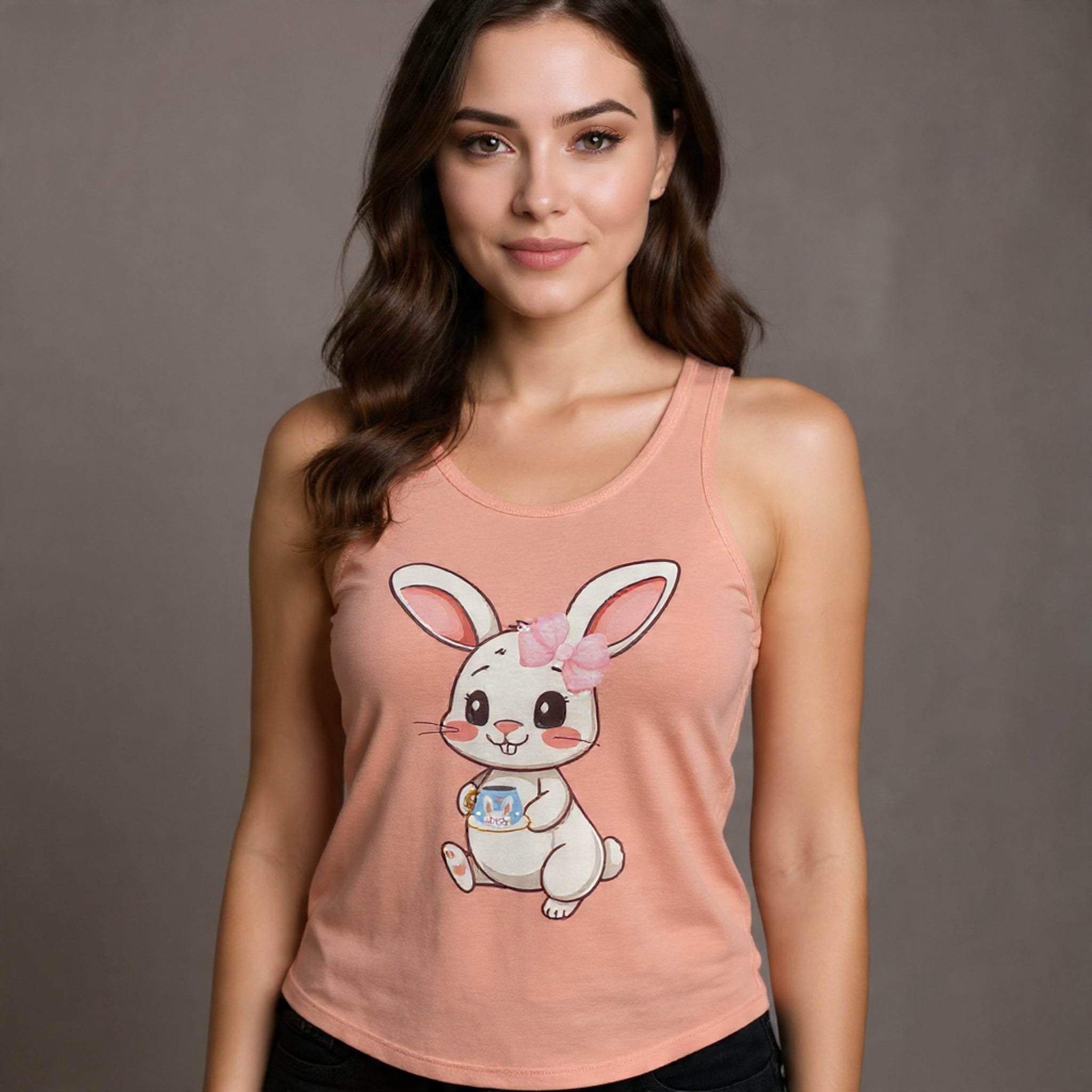 Woman wearing a Solid Light Orange tank top with a cartoon bunny design on a gray background
