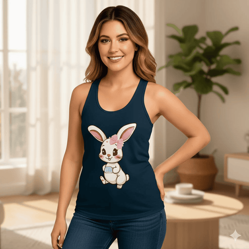Woman wearing a Solid Midnight navy tank top with a bunny design in a bright room.