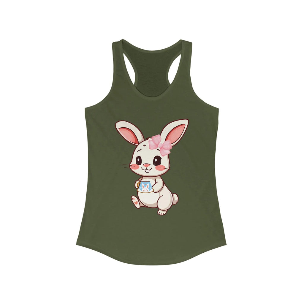 Solid Military Green tank top with a cartoon bunny design on a white background