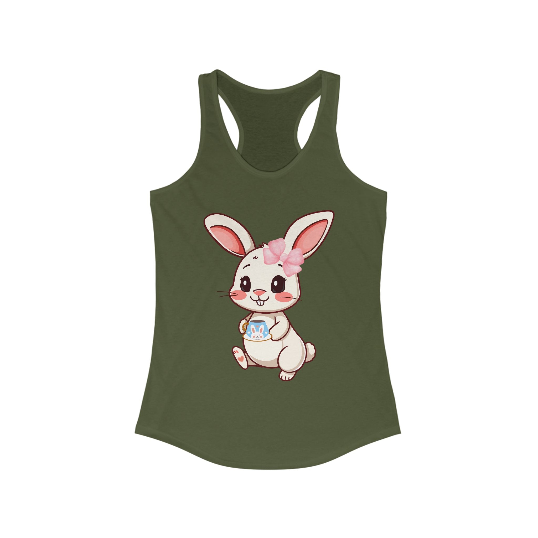 Solid Military Green tank top with a cartoon bunny design on a white background