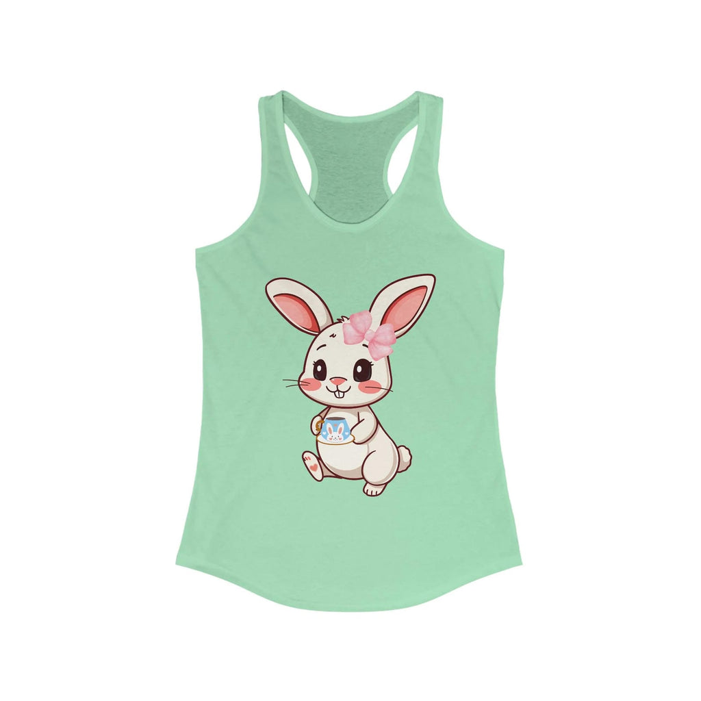 Solid Mint tank top with a cartoon bunny design on a white background