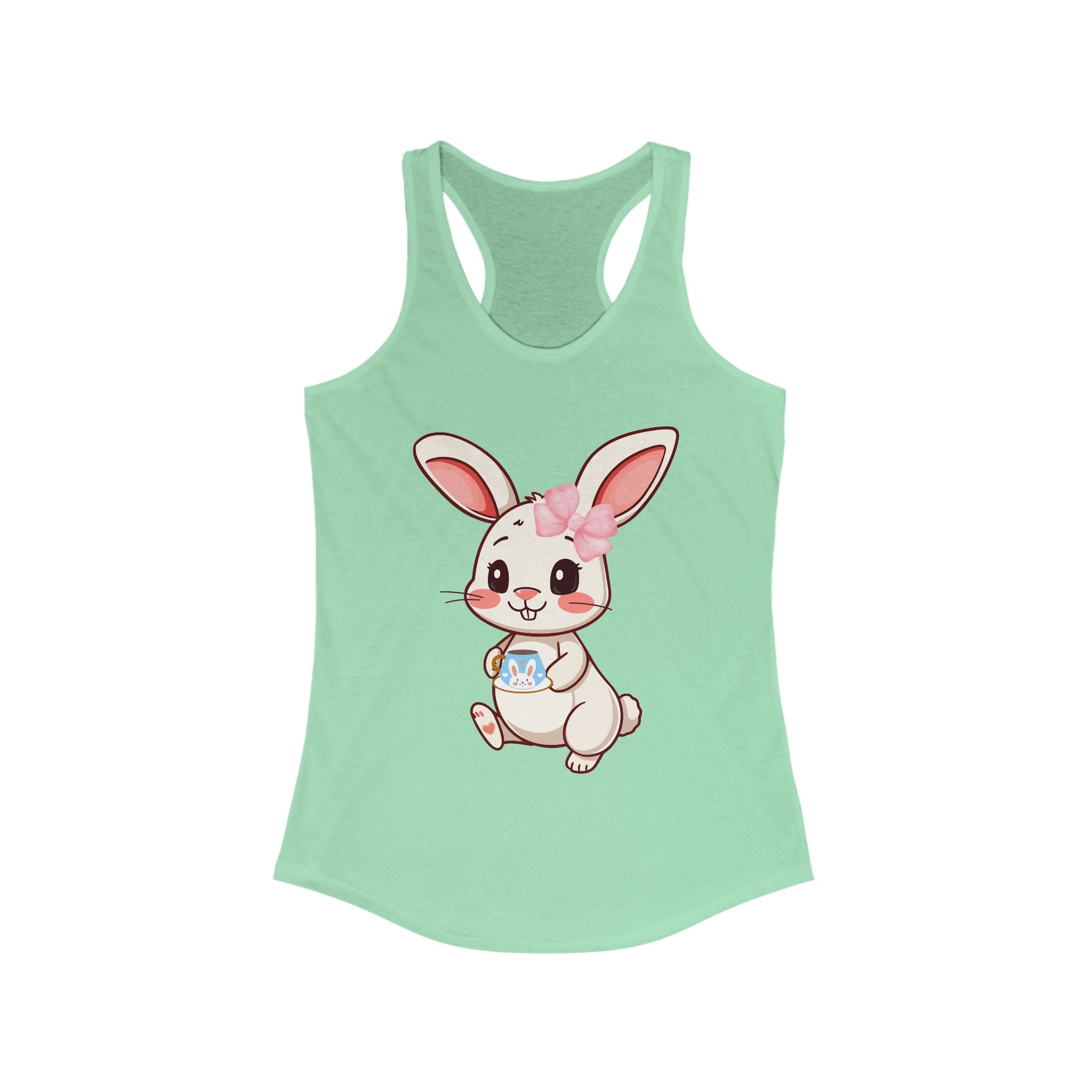 Solid Mint tank top with a cartoon bunny design on a white background
