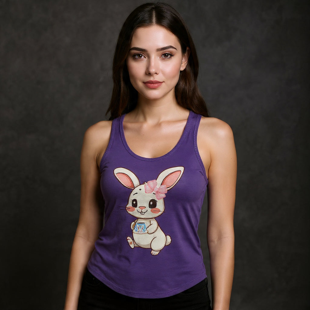 Woman wearing a Solid purple rush tank top with a cartoon rabbit design on a dark background