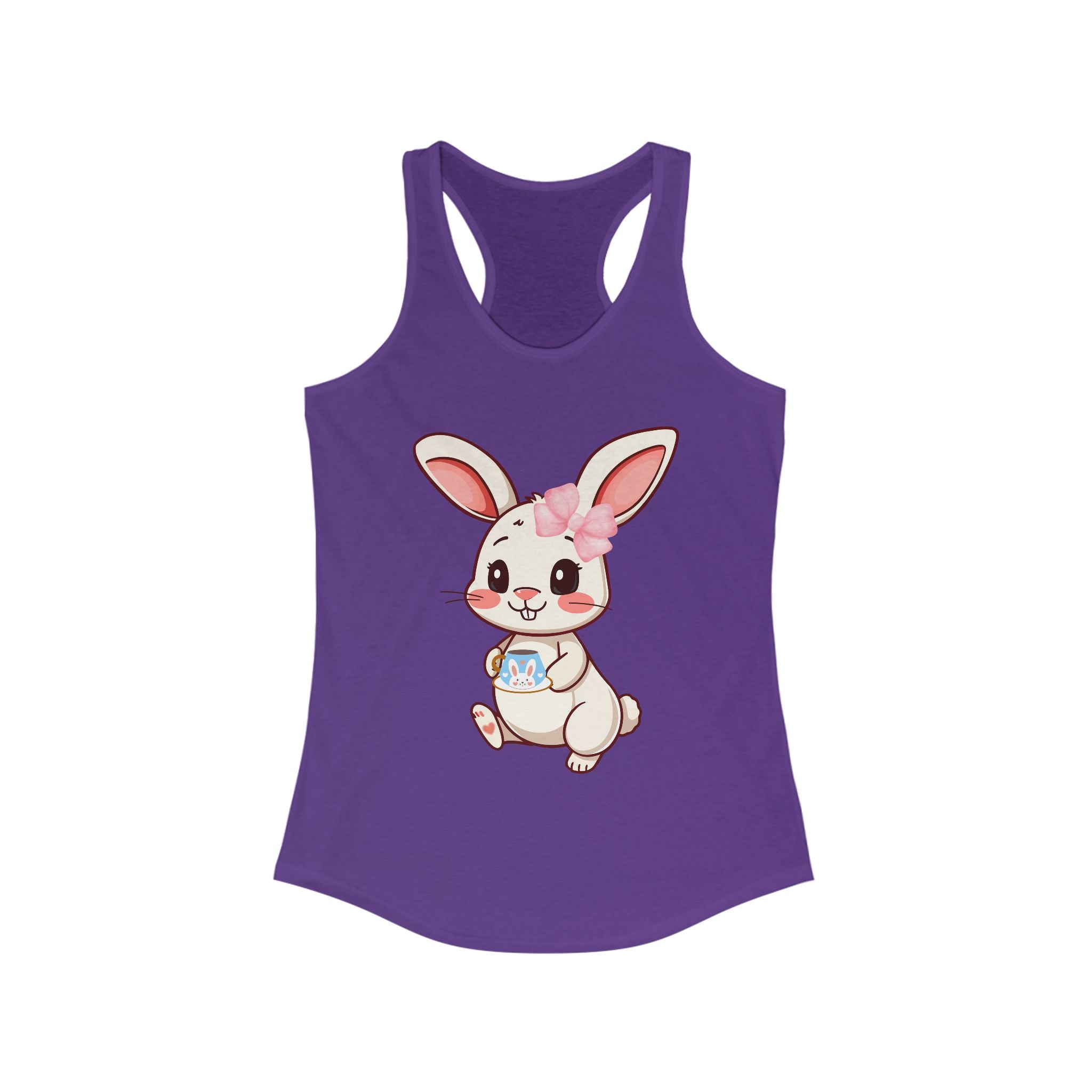 Solid Purple rush tank top with a cartoon bunny design on a white background
