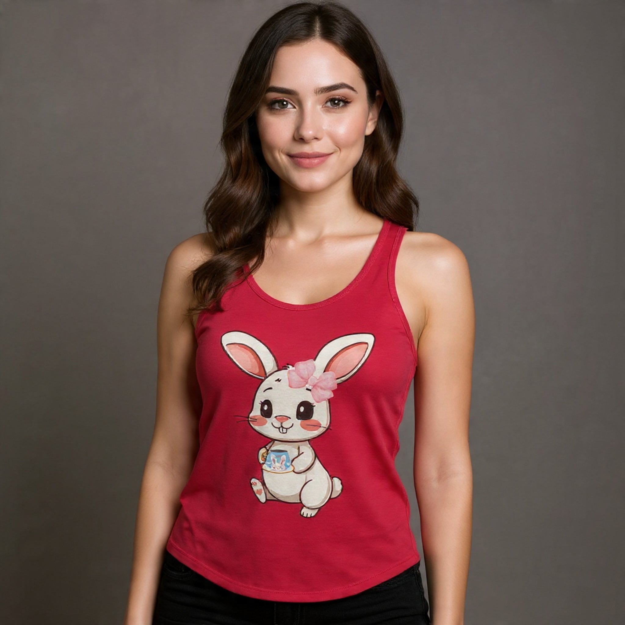 Woman wearing a Solid red tank top with a cartoon bunny design on a gray background