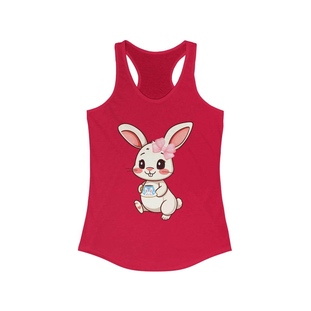 Solid Red tank top with a cartoon bunny holding a cup on a white background