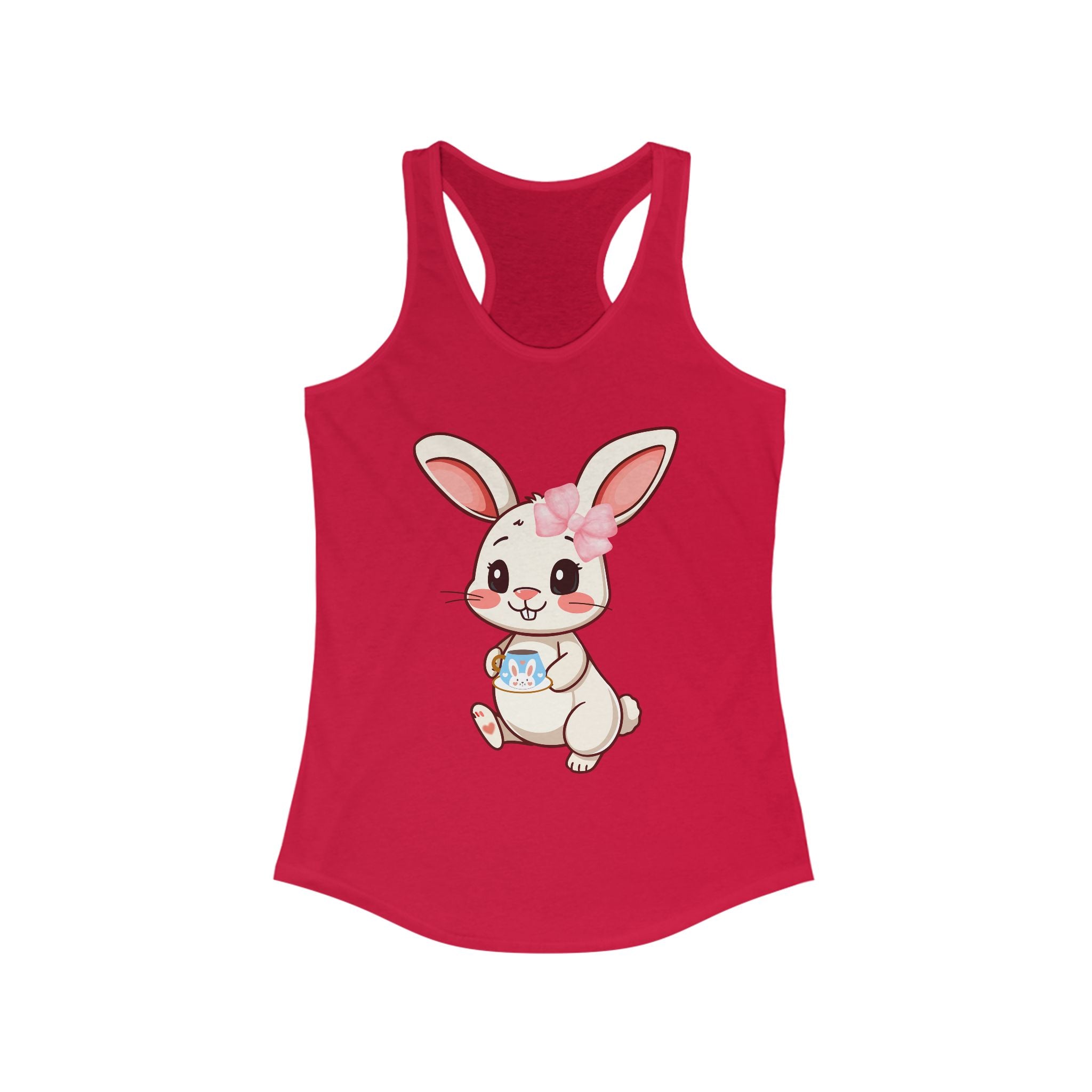 Solid Red tank top with a cartoon bunny holding a cup on a white background
