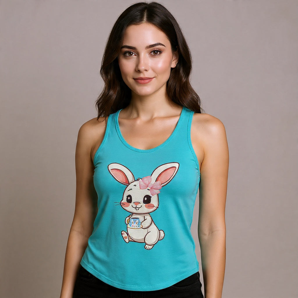 Woman wearing a Solid Tahiti Blue tank top with a cartoon bunny design on a plain background