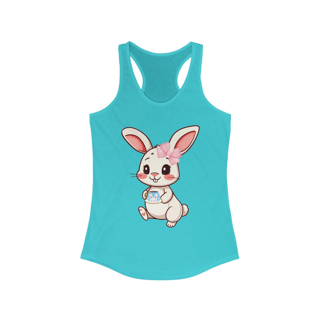 Solid tahiti blue tank top with a cartoon bunny design on a white background
