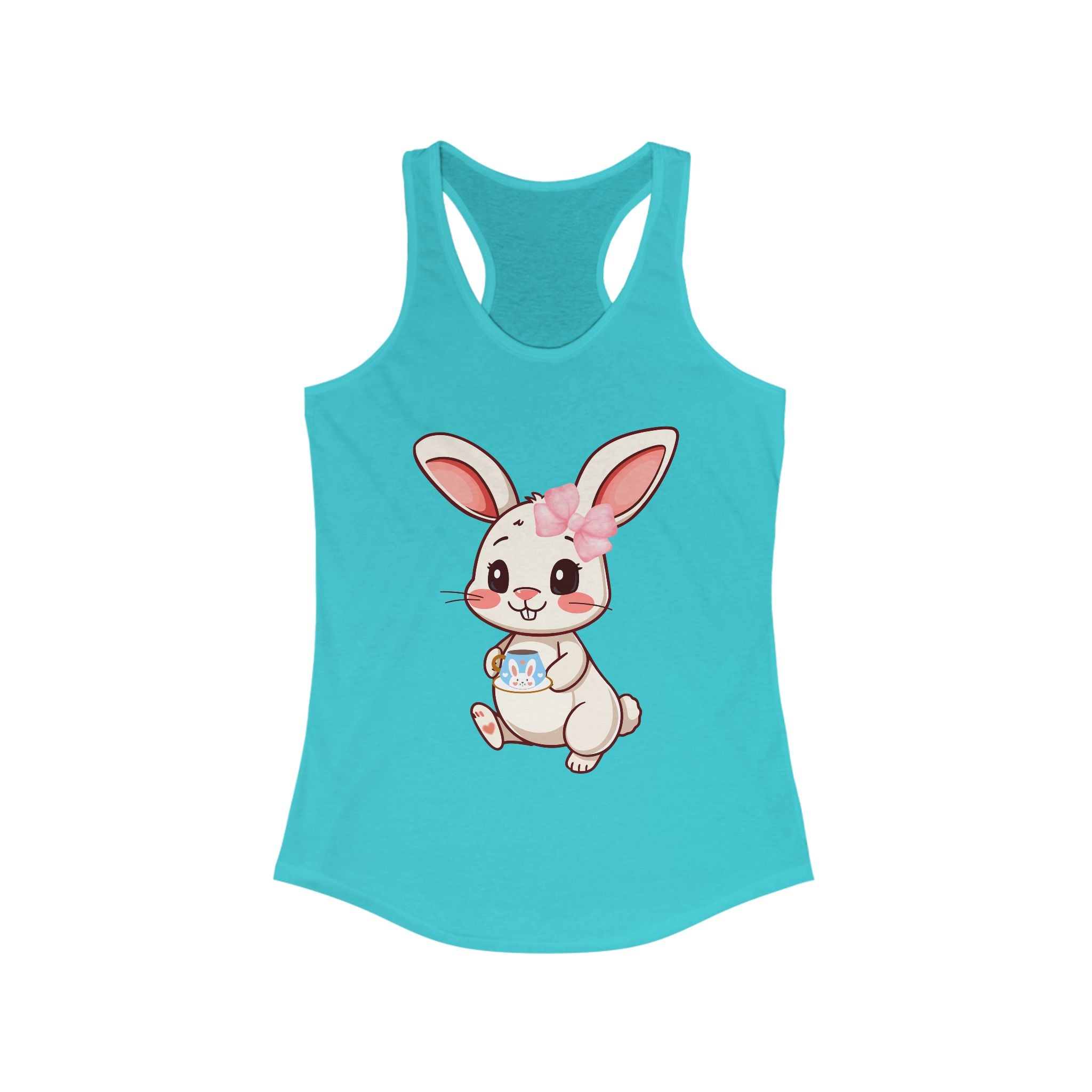 Solid tahiti blue tank top with a cartoon bunny design on a white background