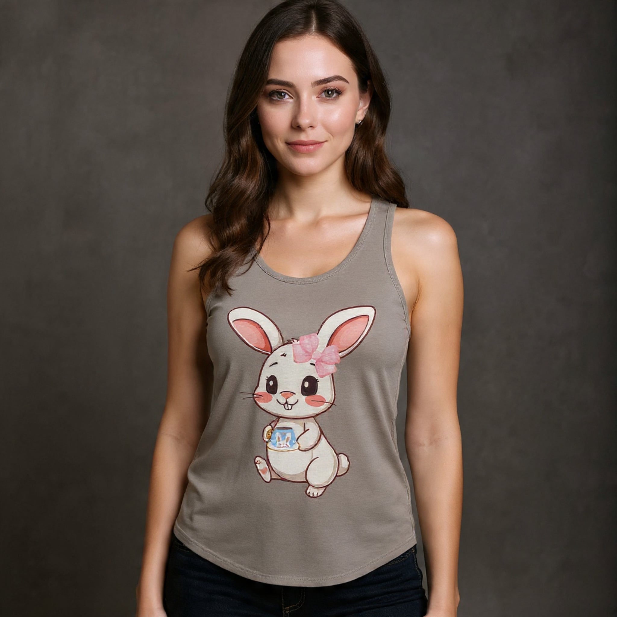 Woman wearing a Solid warm Grey tank top with a cartoon rabbit design on a dark background