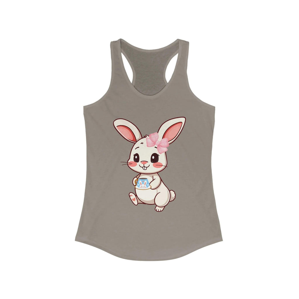 Solid warm Grey tank top with a cartoon bunny design on a white background