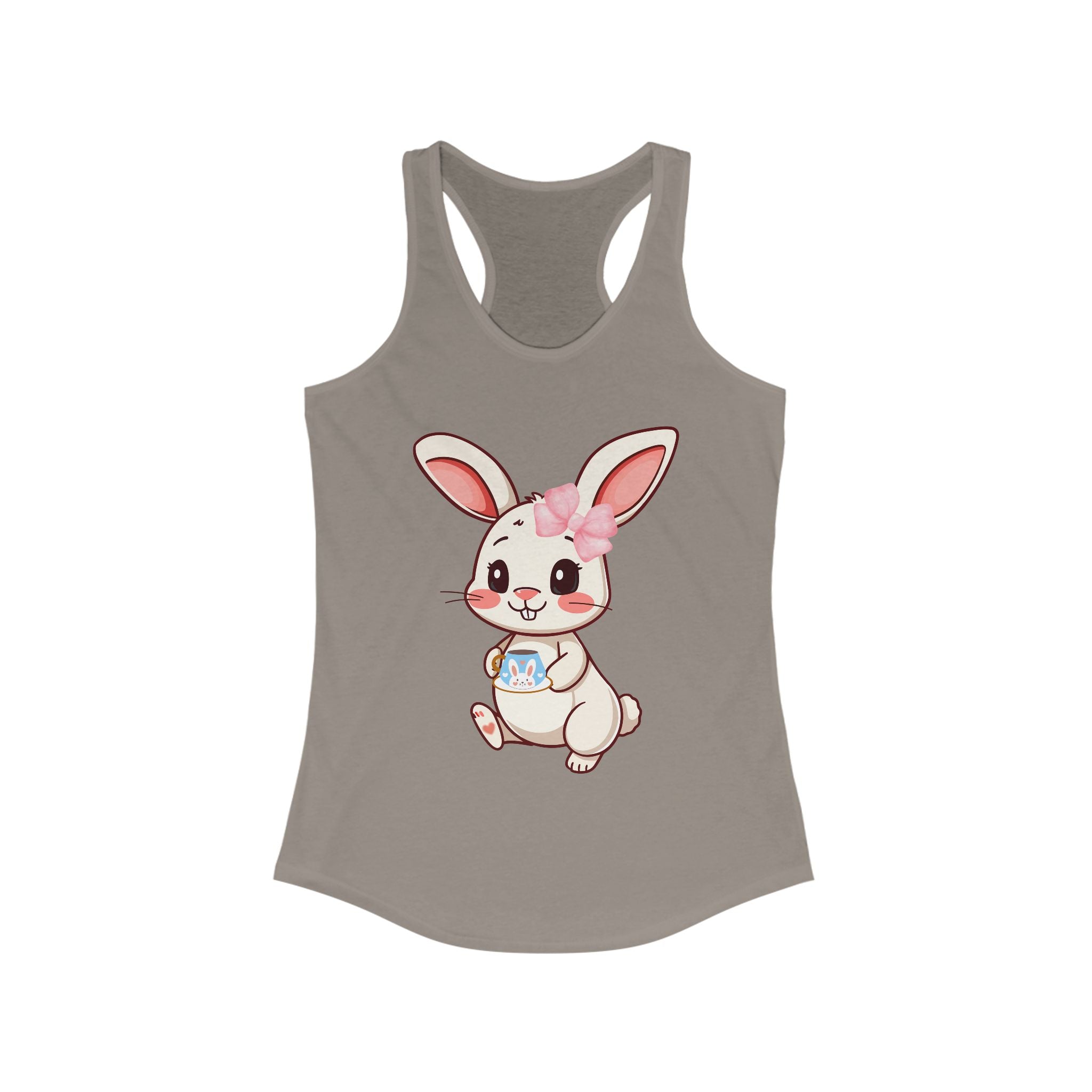 Solid warm Grey tank top with a cartoon bunny design on a white background