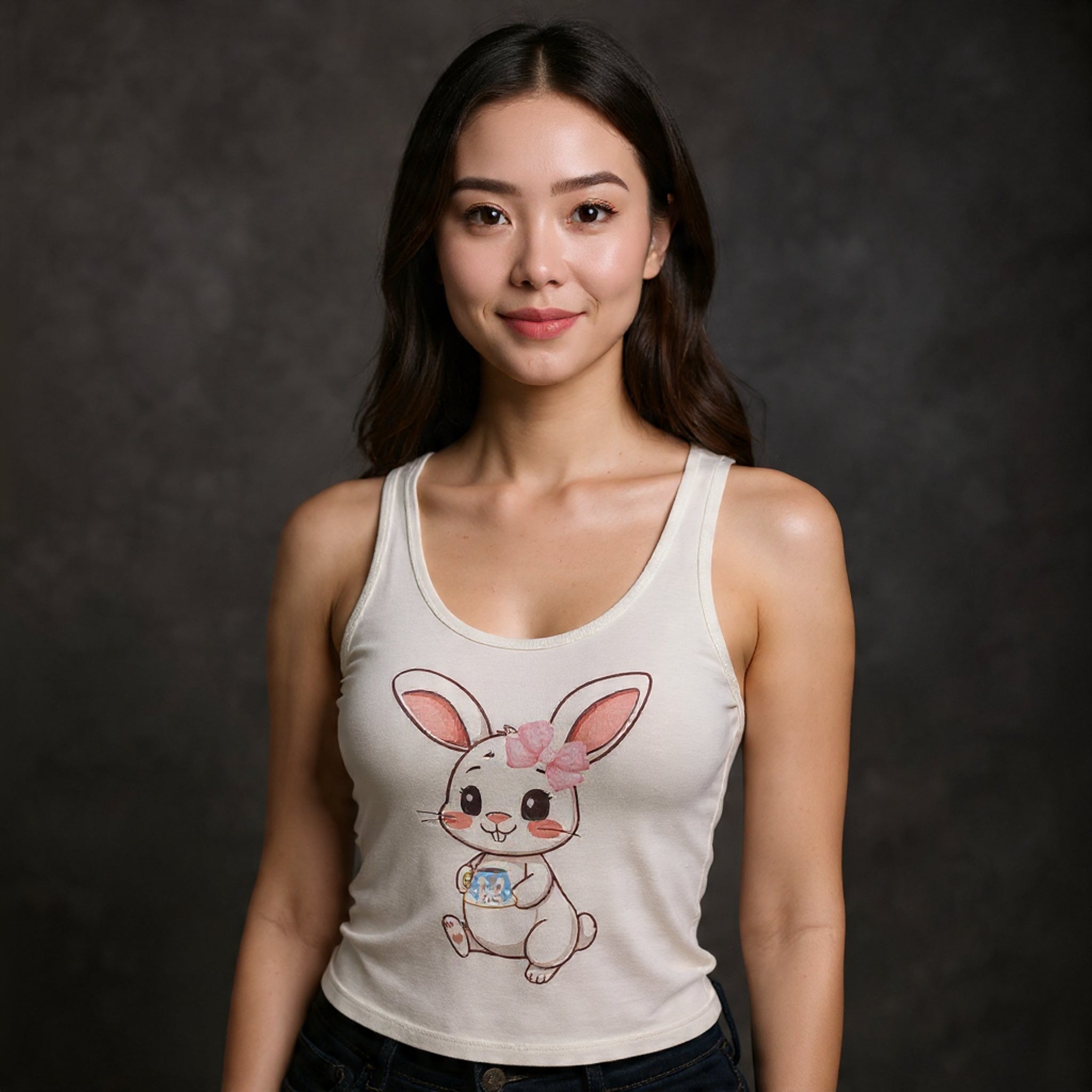 Woman wearing a Solid White tank top with a cartoon bunny design on a dark background