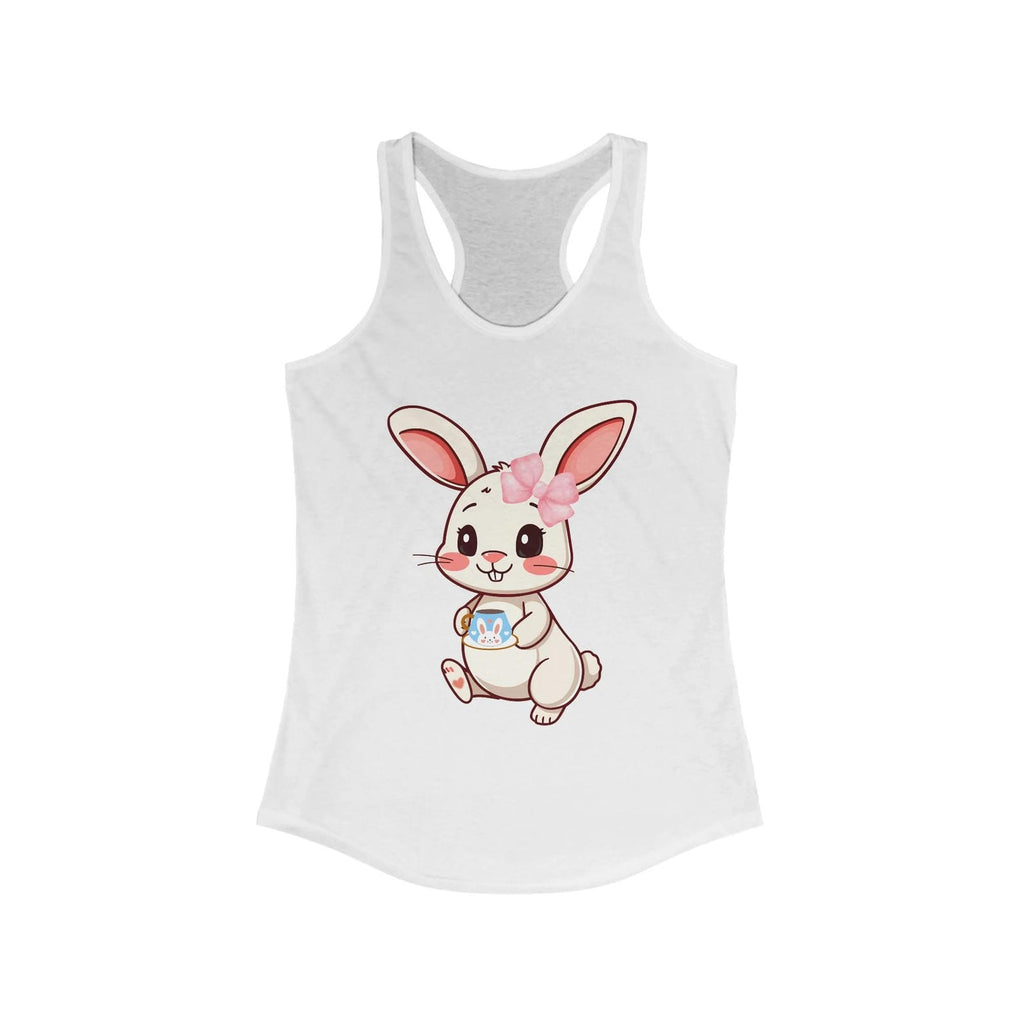 Solid White tank top with a cartoon bunny design on a white background