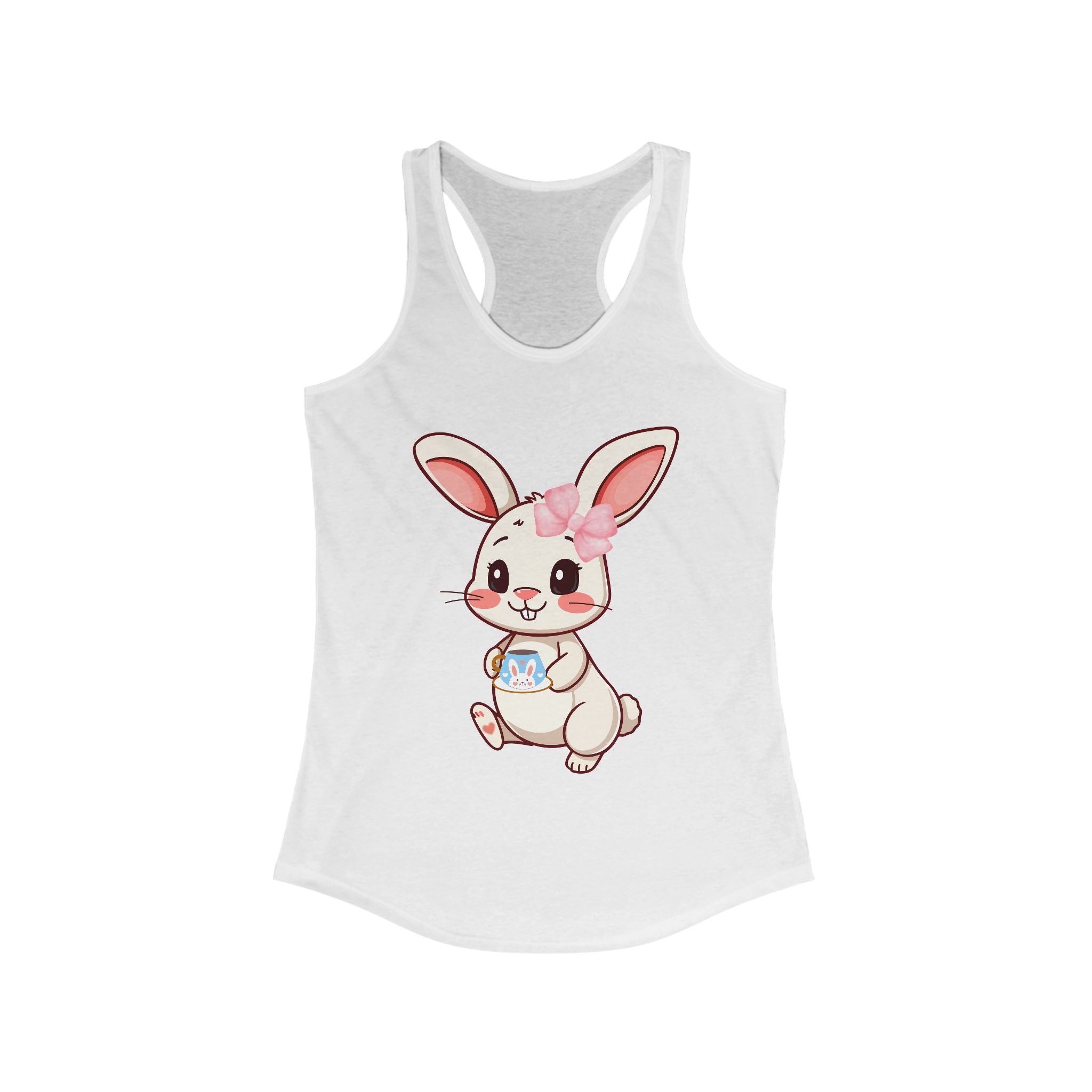 Solid White tank top with a cartoon bunny design on a white background