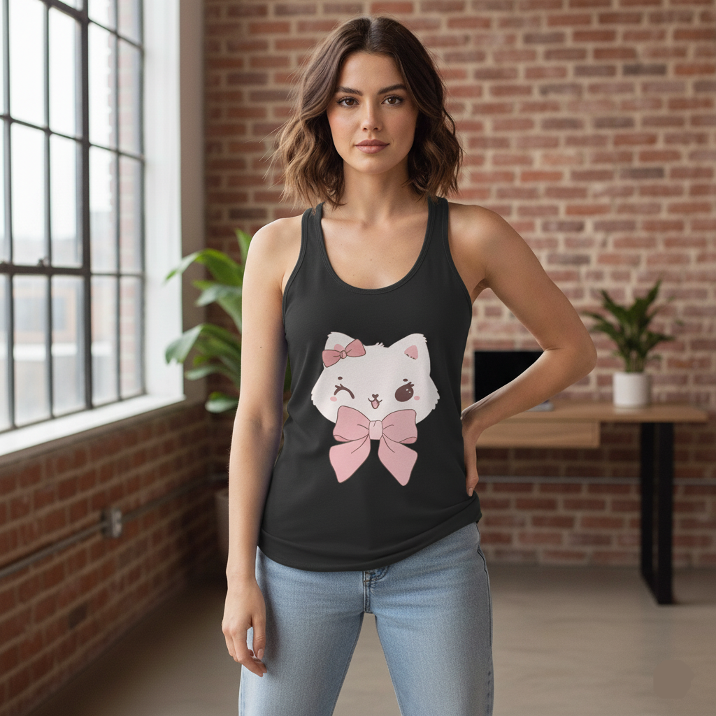 Woman wearing a Solid black tank top with a cat graphic in a room with brick walls and large windows.