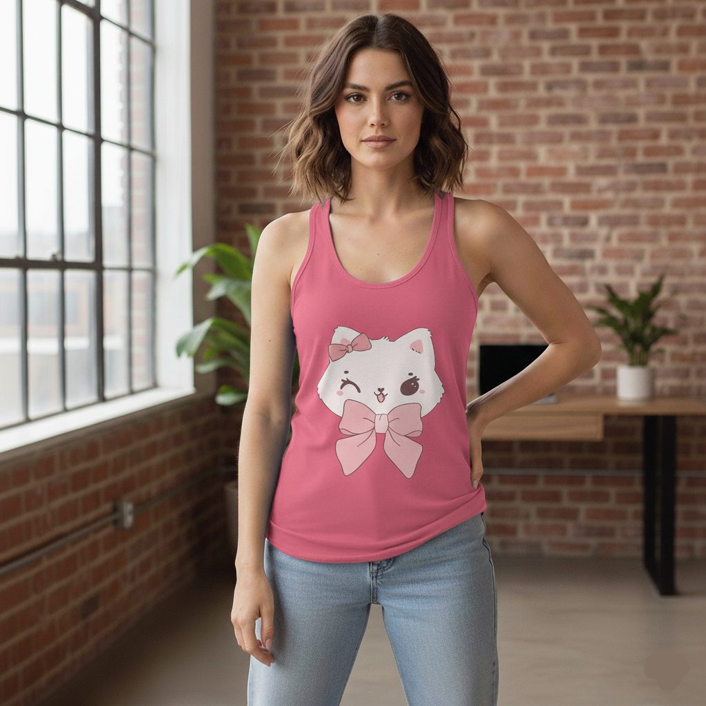 Woman wearing a Solid Hot pink tank top with a cat graphic in an indoor setting.
