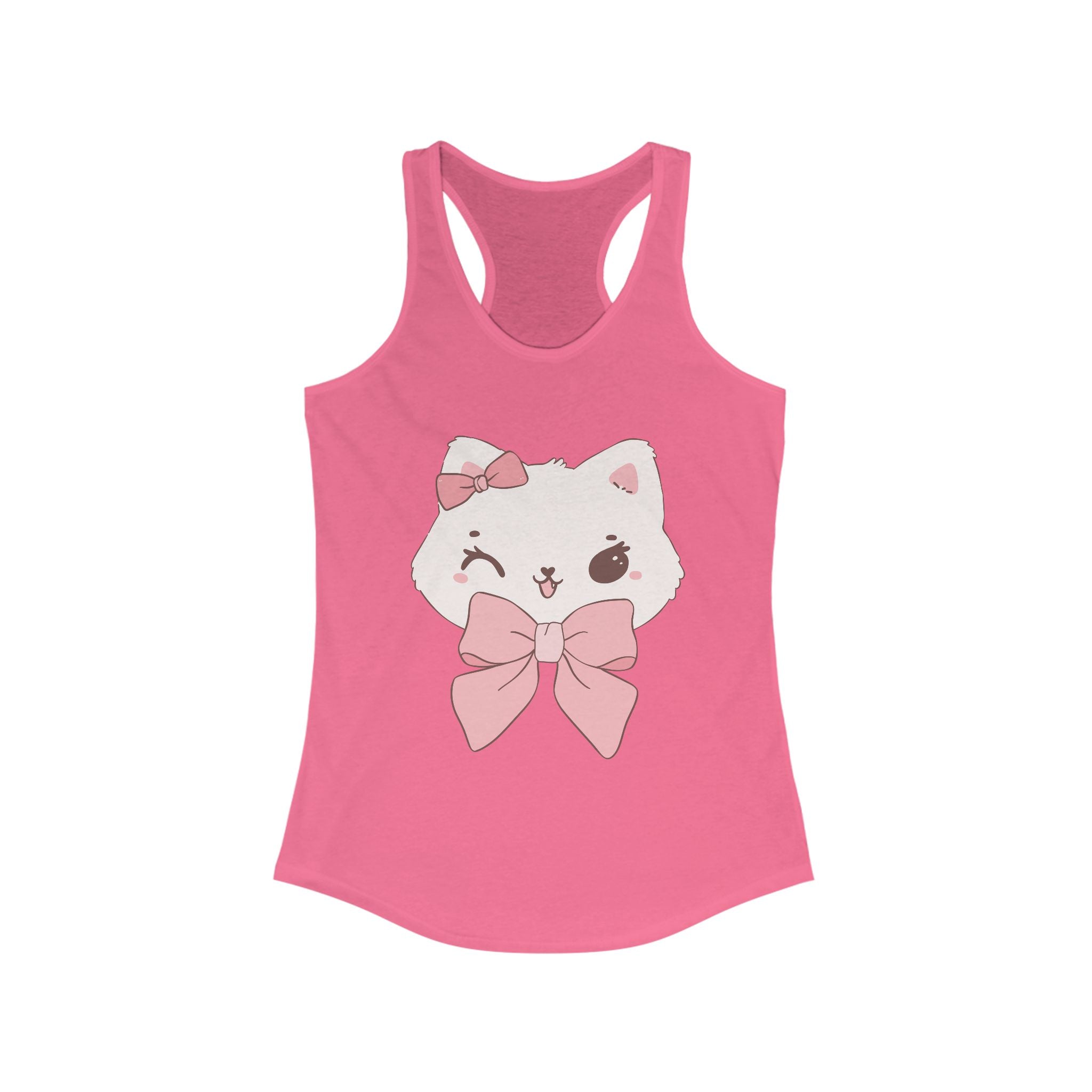 Solid Hot Pink tank top with a cartoon cat design on a white background