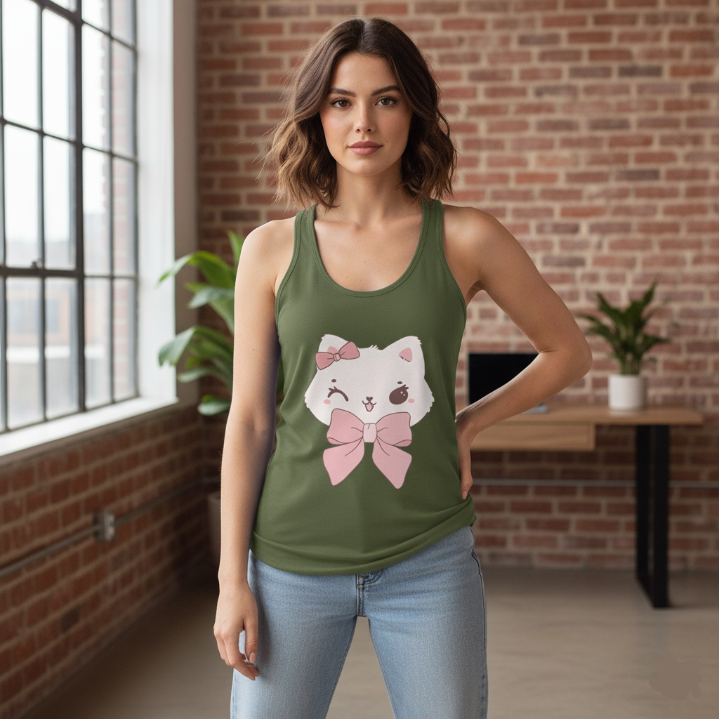 Woman wearing a Solid Military green tank top with a cat graphic in a room with brick walls and large windows.