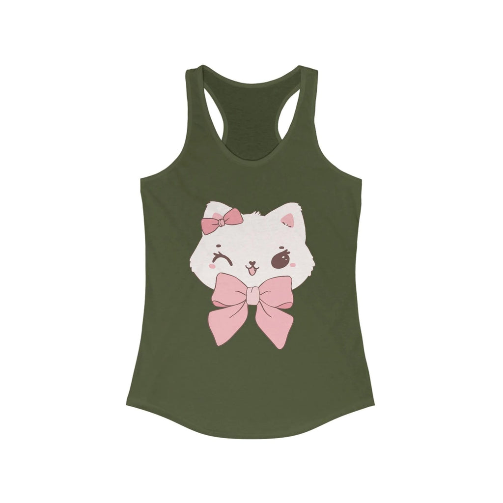 Solid Military Green tank top with a white cat design wearing a pink bow on a white background