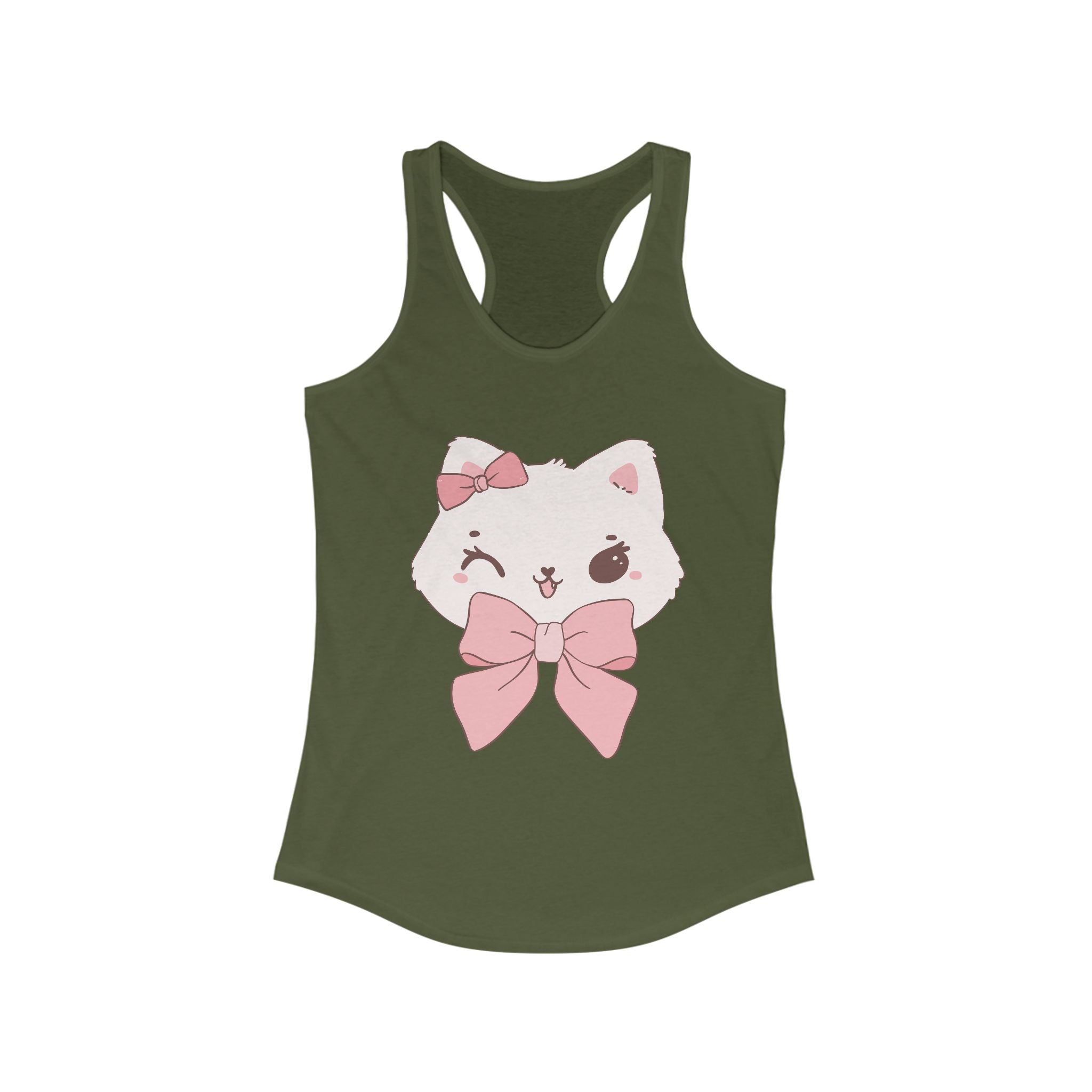 Solid Military Green tank top with a white cat design wearing a pink bow on a white background