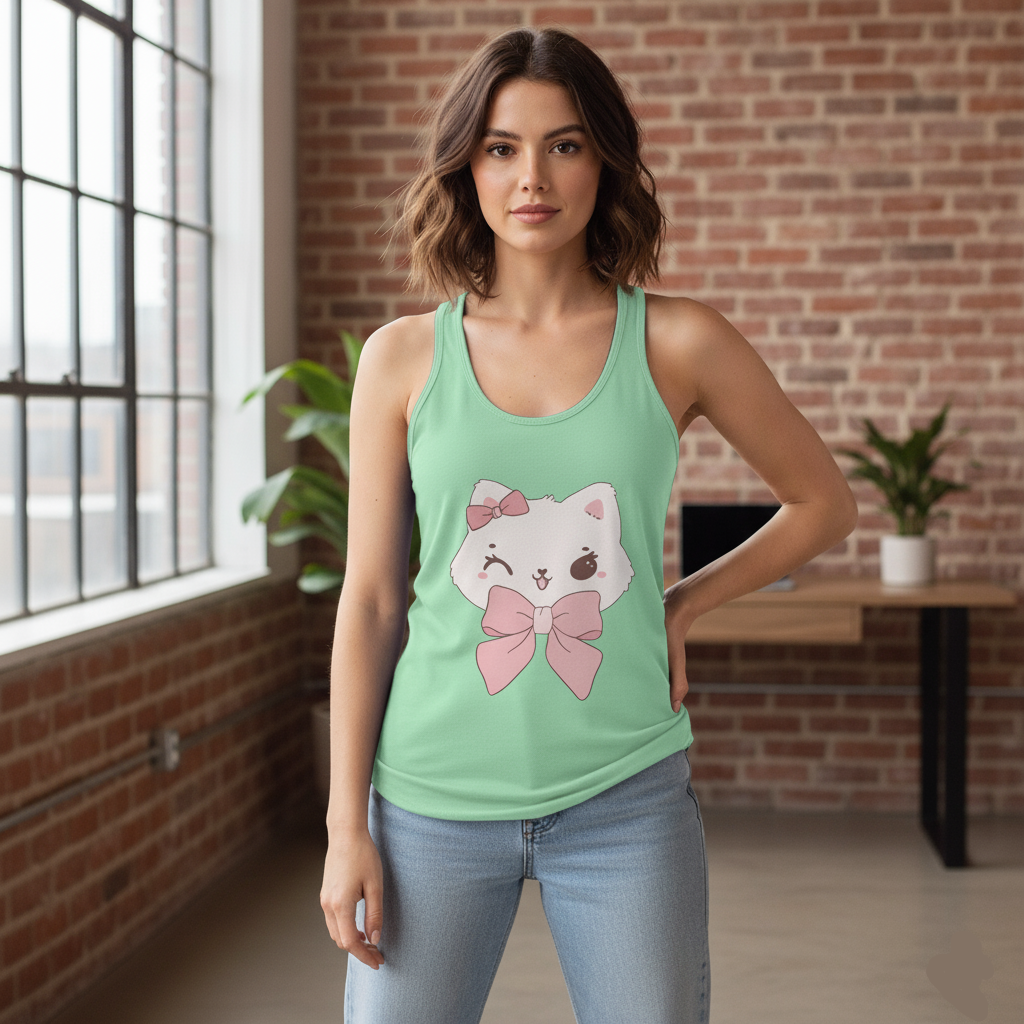 Woman wearing a Solid Mint tank top with a cat graphic in an indoor setting.