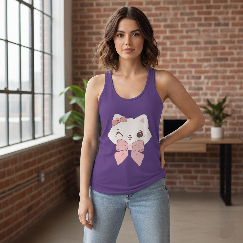 Woman wearing a Solid purple rush tank top with a cat design in a room with brick walls and large windows.