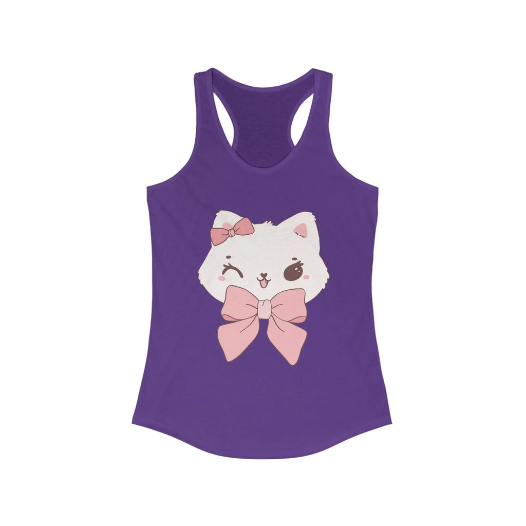 Solid Purple rush tank top with a white cat design wearing a pink bow on a white background